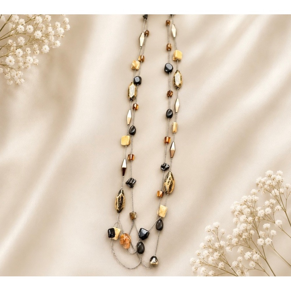 Bohemian Double Strand Long Station Necklace Earthy Stone Beads Black Amber Gold